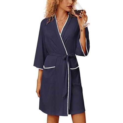 Ekouaer Robes for Women Ribbed Knit Bathrobe Soft Lightweight Knee Length Kimono Robe Ladies Sleepwear with Pockets S-XXL