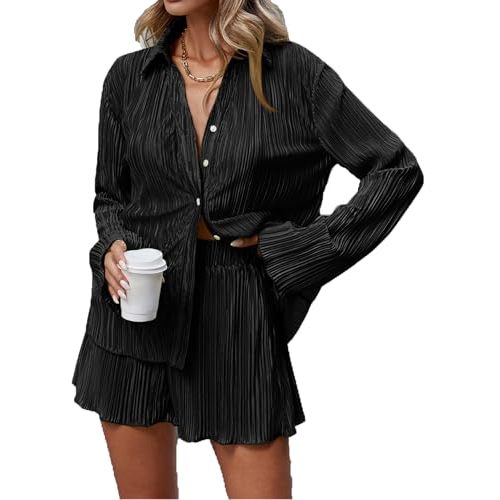 SHENHE Women's 2 Piece Sets Dressy Plisse Bell Sleeve Button Down Shirt and Short Set Going Out
