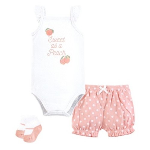 Hudson Baby Infant Girl Bodysuit, Short and Sock, Sweet Peach, 0-3 Months