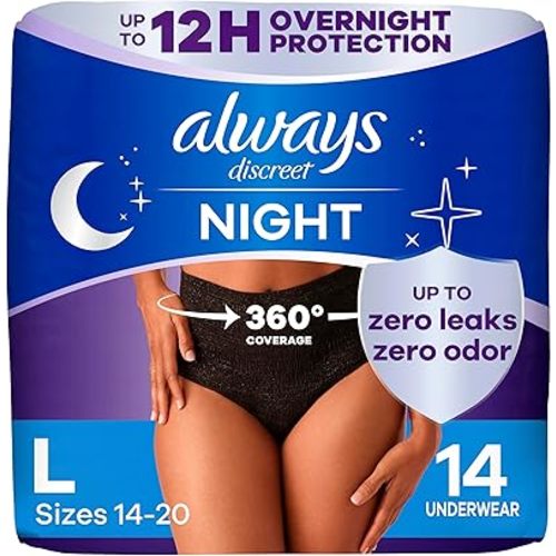 Always Discreet Incontinence Overnight Underwear for Women, Size L, Up to 100% Bladder Leak Protection, 14 Count