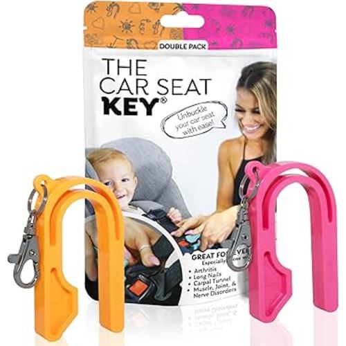 The Car Seat Key - Original Car Seat Key Chain Buckle Release Tool - Easy Unbuckle Opener Aid for Nails, Parents, Grandparents & Older Children by NAMRA Made in USA (2 Pack, Neon Orange & Neon Pink)