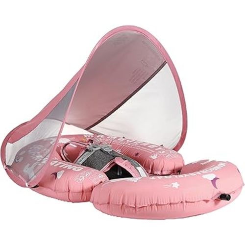 Mambobaby Float Baby Pool Float with Canopy & Tail - AnjeeIOT Portable Baby Float Self-Inflating Compressible Folding Swimming Floating Bed Water Swim Float for Infant Toddler 3-24 Momths, Pink
