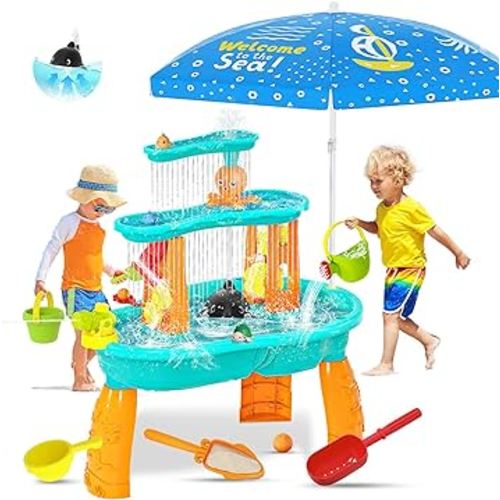 Upgraded Sand Water Table for Toddlers, Auto Water-Absorbing 3-Tier Outdoor Activity Table with Umbrella & 20PCS Water Toy Accessories, Outside Water Play Toys Sensory Table for Kids Summer Toy Gift