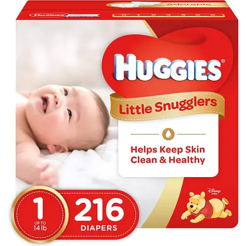 HUGGIES Little Snugglers Baby Diapers, Size 1, 216 Count, Unscented, Hypoallergenic, GentleAbsorb Liner, Pocketed-Back Waistband, Wetness Indicator, Premium Softness