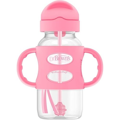 Dr. Brown's Milestones Wide-Neck Sippy Straw Bottle with 100% Silicone Handles and Weighted Straw, 9 oz/270 mL, Pink, 6m+