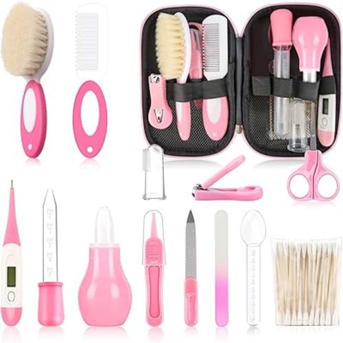 Baby Grooming Kit,Infant Safety Care Setwith Hair Brush Comb Nail Clipper Nasal Aspirator, Baby Essentials Kit for Newborn Girls Boys (14 PC-Pink Kit)