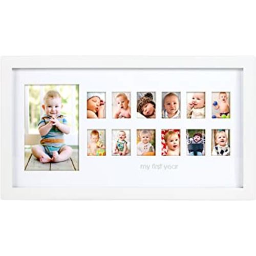 Pearhead My First Year Photo Moments Baby Keepsake Picture Frame, Mother’s Day Accessory, Gender-Neutral Baby Milestone Nursery Wall Décor, 13 Photo Inserts, White