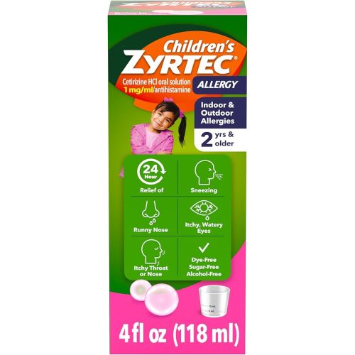 Zyrtec Children's Liquid, Kid's Antihistamine Syrup, Dye-, Sugar-, and Alcohol-Free, Pleasant Bubble Gum Flavor, Contains Cetirizine HCl Suitable for Ages 2 Years and Up, 4 fl oz Bottle