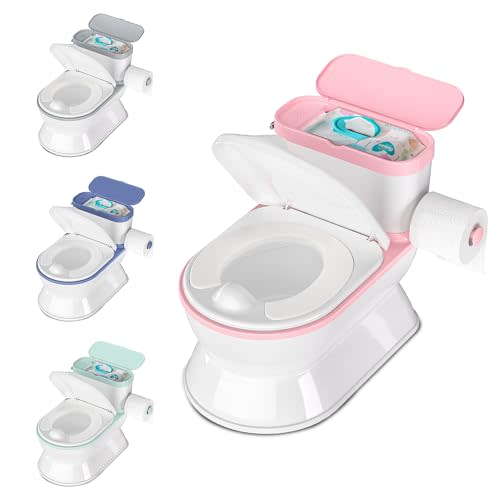 CheerTry 2-in-1 Toddler Potty Training Toilet - Larger Potty Chair & Detachable Training Seat for Boys & Girls Ages 1-3 with Flushing Sound, Wipes Storage, Toilet Paper Holder - Pink