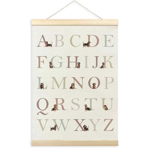 TLESKE Dachshund Alphabet ABC Chart Poster Hanger Frame, Homeschool Preschool Hanging Wall Art Decor for Dachshund Lover Toddler Kids Room Nursery Playroom, Wiener Dog ABC Print Picture Banner, 12x16