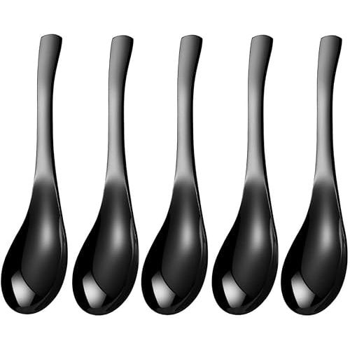 5 PCS Stainless Steel Soup Spoons, Mirror Finish - Kitchen Serving & Dessert Spoons for Soup, Rice, Tea, Milk, Coffee, Dessert & Ice Cream (Black)