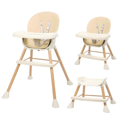 Tolead 3-in-1 Convertible Baby High Chair with 2-Level Height Adjustable Legs, 3-Level Adjustable Tray for Babies and Toddlers, Baby Highchair with 5-Point Safety Belt & Footrest, Beige