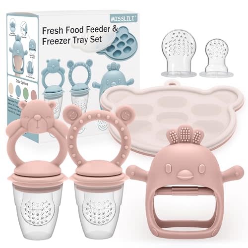 MISSLILI Baby Silicone Fruit Food Feeder Pacifier & Breastmilk Popsicle Freezer Molds,BPA Free Baby Food Storage Containers Frozen Ice Tray for Baby Feeding Safely, Infant Fruit Teething Toy (Pink)