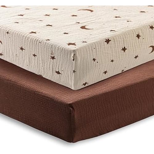 Baby Crib Sheets 2 PCS, 100% Organic Cotton Crib Sheet for Standard Crib Mattress(52”x 28”), Fitted and Soft Breathable Muslin Crib Mattress Sheet for Girl and Boy (Star, Brown)