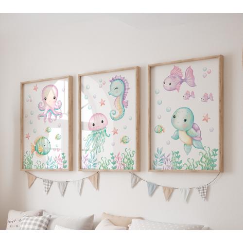 Set of 3 Seahorse Prints, Turtle Wall Art Set, Underwater Posters, Modern Art, Fish Kids Bedroom Decor, Girl Nursery Decor, Playroom Prints