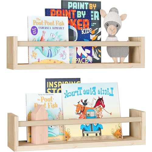 Fixwal Nursery Book Shelves, 2pcs 16.5 Inch Floating Bookshelves for Nursery Decor, Solid Wood Wall Mounted Shelves for Books, Toys and Decor Storage (Natural Wood)