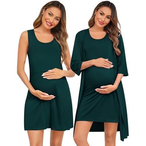 SWOMOG Women Maternity Nursing Gown and 3/4 Sleeve Robe Set Labor Delivery Nightgown Breastfeeding Hospital Bathrobe