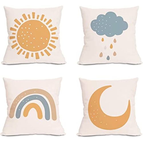 Ailansnug Boho Sun and Moon Clouds and Rainbows Kids Throw Pillow Case Modern Art Pillow Cover for Living Room Bedroom Home Minimalist Decorations 18"x 18", 4 Pack No Pillows - Color01