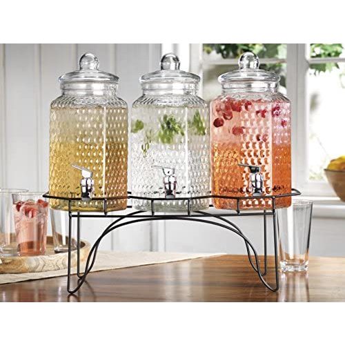 Elegant Home (3) 1 Gallon Each Quality Ice Cold Clear Hammered Glass Jug Beverage Dispensers Hermetic Seal Metal Display With Easy Fill Spigot- Great For Outdoors, Parties, Bars & Daily Use