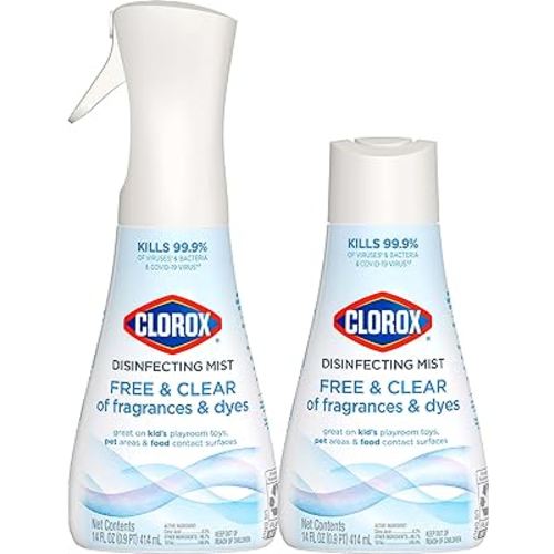 Clorox Free & Clear Disinfecting Mist, Household Essentials, 1 Spray Bottle and 1 Refill, 14 Fl Oz Each