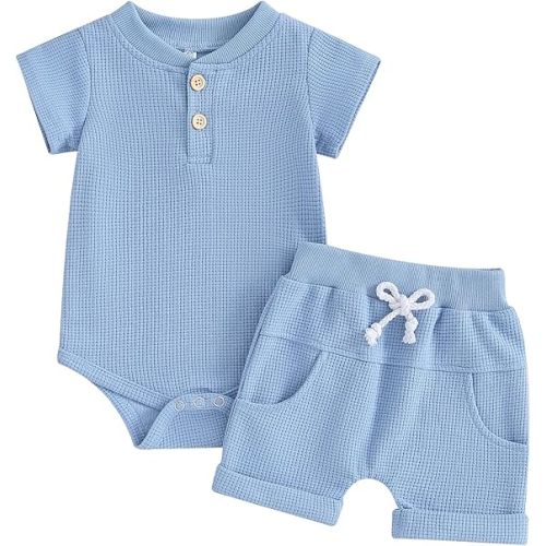 Kuriozud Newborn Baby Boy Summer Clothes Button Short Sleeve Romper Bodysuit Shorts Set Toddler Soft Waffle Outfit