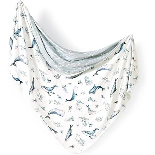 GRSSDER Baby Blankets Super Soft Jersey Knit Swaddle Blanket for Baby Girls and Boys, Double Layer Receiving Blankets 34 x 44 Inches, Extra Large for Baby Swaddling, Sea Fish