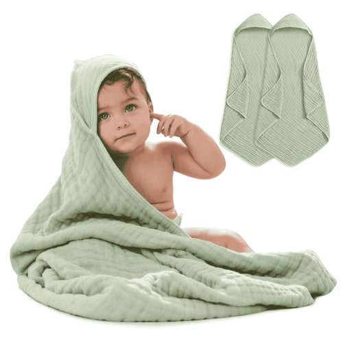 Comfy Cubs Hooded Baby Towels 2-Pack, Large 32" x 32" - 6 Layer, 100% Muslin Cotton, Sage