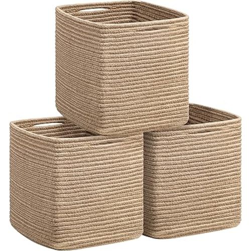 UBBCARE Storage Cubes, 11 X 11 X 11 inch Cube Storage Bins for Organizing, 3 Pack Cotton Rope Baskets with Handles, Storage Baskets for Shelves, Closet, Toy Bins-Jute
