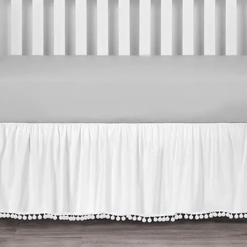 TILLYOU Ruffled Crib Skirt with Pompoms, Microfiber Nursery Crib Toddler Bedding Skirts for Baby Boys Girls, 14'' Drop, White