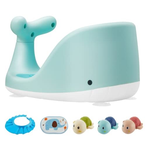 Whale Shape Baby Bath Seat – 3 Bath Toys + Bath Brush + Shower Cap – Ergonomic Backrest – Elastic and Breathable – 4 Strong Non-Slip Suction Cups – Ideal Gift! (Green)