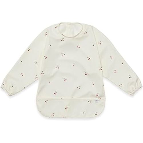 Lalo Smock Bib - Long Sleeve Baby Bib, Elastic Cuffs for Comfort, Large Catch-All Pocket, Waterproof Recycled Polyester - Durable Baby Smock Bib for Mealtime & Playtime - Ages 6-24 Mo. - Cherry