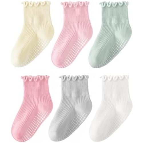 HONGTEYA 6 Pairs Toddler Ruffle Socks for Girls Non Slip Baby Socks with Grips for 1-2 Years 3-4 Years 5-6 Years Girls Boys