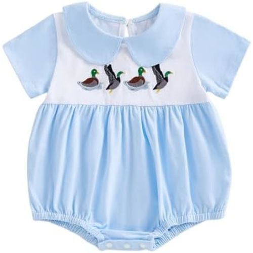 Newborn Baby Boy Hunting Outfit Mallard Duck Short Sleeve Collared Romper One Piece Smocked Bubble Bodysuit