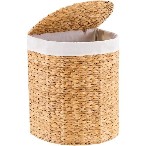 Half Moon Laundry Basket with Lid and 2 Replaceable Liner Bags, Handwoven Water Hyacinth Laundry Basket Natural Wicker Hamper for Dirty Clothes, Natural