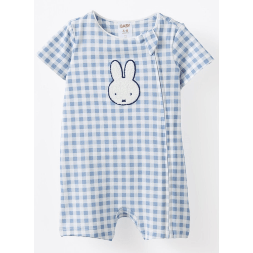 Miffy Short Sleeve Zip Romper - dusty blue/miffy gingham