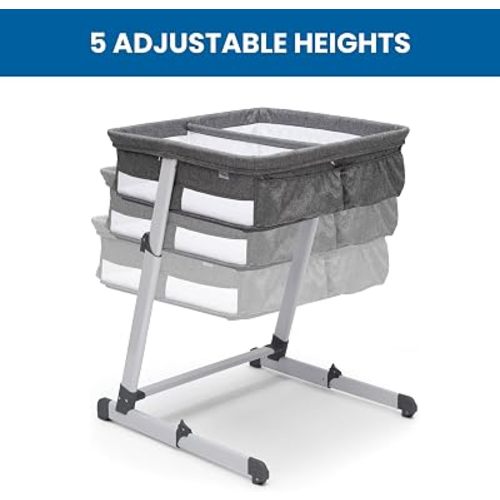 Simmons Kids By The Bed City Sleeper Bassinet for Twins - Adjustable Height Portable Crib with Wheels & Airflow Mesh, Grey Tweed