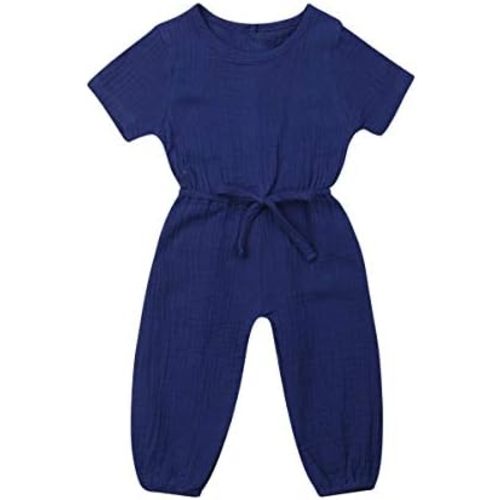 Mubineo Toddler Baby Girl Summer Fall Basic Plain Short Sleeve Cotton Linen Drawstring Romper Jumpsuit
