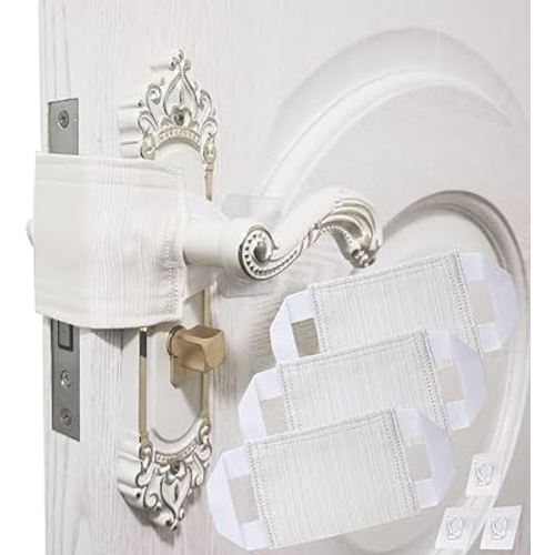 SLIFEOW Door Handle Silencer Cloth Latch Covers, Baby Door Cover Quiet Close Pads to Reduce Slamming Noise, Door Latch Cushion with 3 Hooks to Prevent Slamming (3, Beige, 4.1 * 3.1 inches)