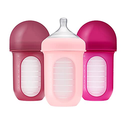 Boon Nursh Reusable Silicone Pouch Baby Bottles - Medium Flow Nipple - Silicone Baby Bottle Pouch and Nipple - Baby Feeding Essentials - Pink - 3-6 Months - 3 Count - 8 Ounce