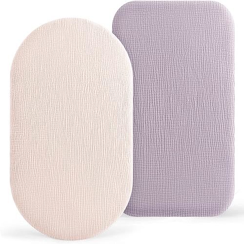 Bassinet Sheets - 2 Pack Muslin Cotton Bassinet Sheets Fits Oval and Rectangle Bassinet Mattress, Breathable and Skin-Friendly for Baby Boy and Girl (Light Pink&Purple)