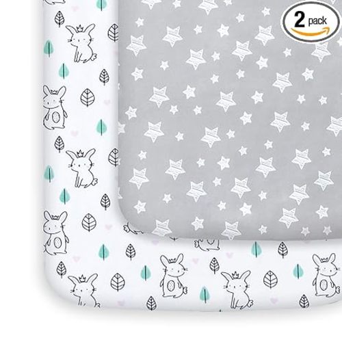 Pack and Play Sheets, 2 Pack Mini Crib Sheets, Stretchy Playard Fitted Sheet, Compatible with Graco Pack n Play, Soft and Breathable Material, Stars & Bunny