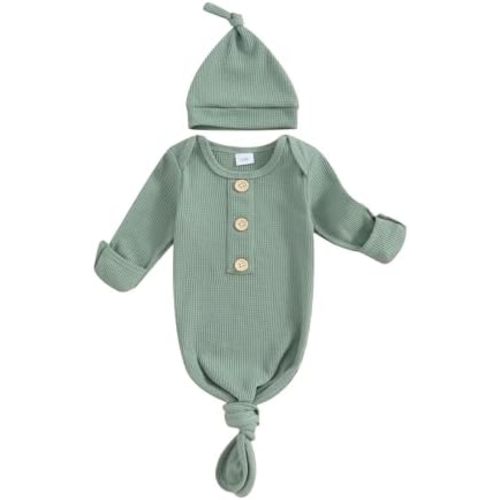 KMBANGI Newborn Baby Boys Girls Knotted Gown Hat Set Long Sleeve Button Infant Sleeper Baby Sleep Gown with Mittens