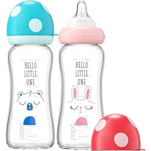 YOHKOH Natural Glass Baby Bottle with Level 2 Medium Flow Nipple, Newborn Anti-Colic Baby Bottles, Wide Neck Mushroom Baby Glass Bottle (8.8ounce (Pack of 2), Multicolour1)