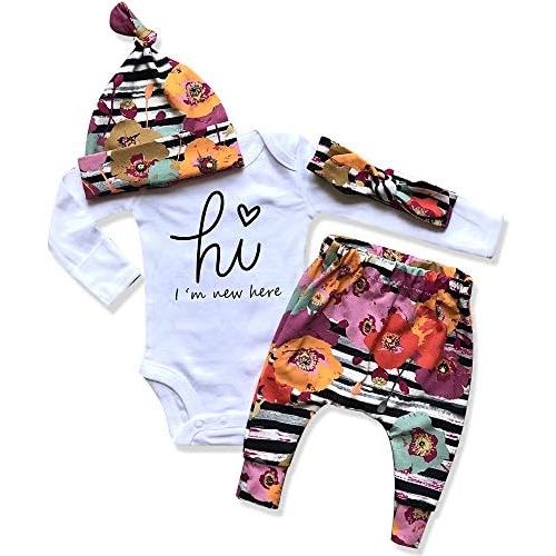 KANGKANG Newborn Baby Girl Clothes Hi I'm New Here Newborn Outfit Infant Romper Floral Pants Cute Baby Girl Outfits 4PC Set