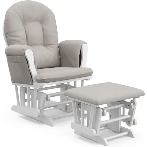 Storkcraft Premium Hoop Glider and Ottoman (White Base, Taupe Swirl Cushion) – Padded Cushions with Storage Pocket, Smooth Rocking Motion, Easy to Assemble, Solid Hardwood Base