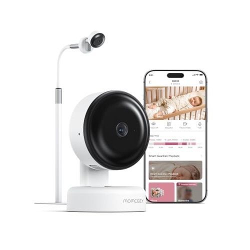 Momcozy Smart Baby Monitor, 2K HD Contact-Free Baby Camera, Table & Floor Stand, AI-Powered Notifications for Cry & Sound & Motion, Sleep Activity Log, 2-Way Audio, Night Vision, 2.4/5GHz WiFi, BM08