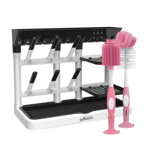 Dr. Brown's Drying Tower, Stand-Up Rack with Baby Bottle Brush Soft Touch and Sponge Brush, Pink Variety Pack