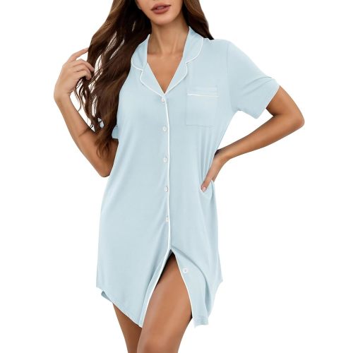 KCW Nightgown for Women Button Down Pajama Dress Short Sleeve Night Shirts Sleepwear