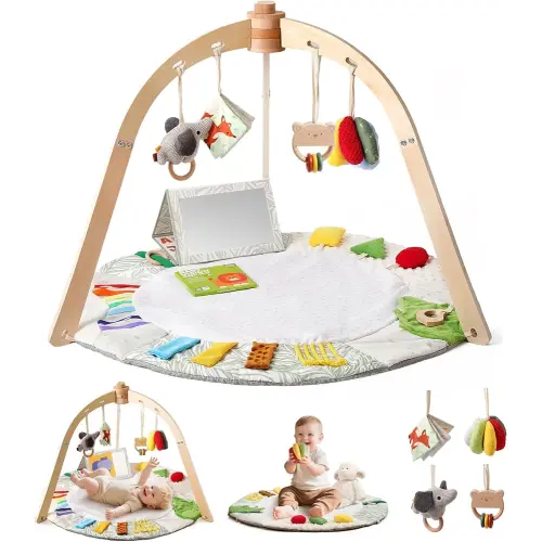 Wooden Baby Play Gym & Tummy Time Playmat – Montessori Sensory Activity Mat with 6 Developmental Toys for Fine Motor Skills – for Newborns to Toddlers (0–12M+)