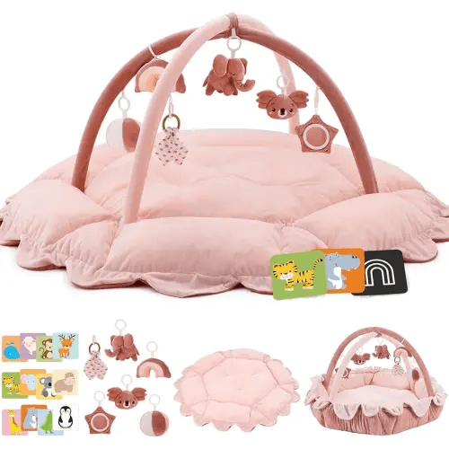 5-in-1 Baby Activity Gym & Play Mat with 6 Hanging Toys, Tummy Time Mat & Cards - Extra Large, Reversible Machine Washable Pad - Gift for Newborns, Infants 0-12 Months, Pink